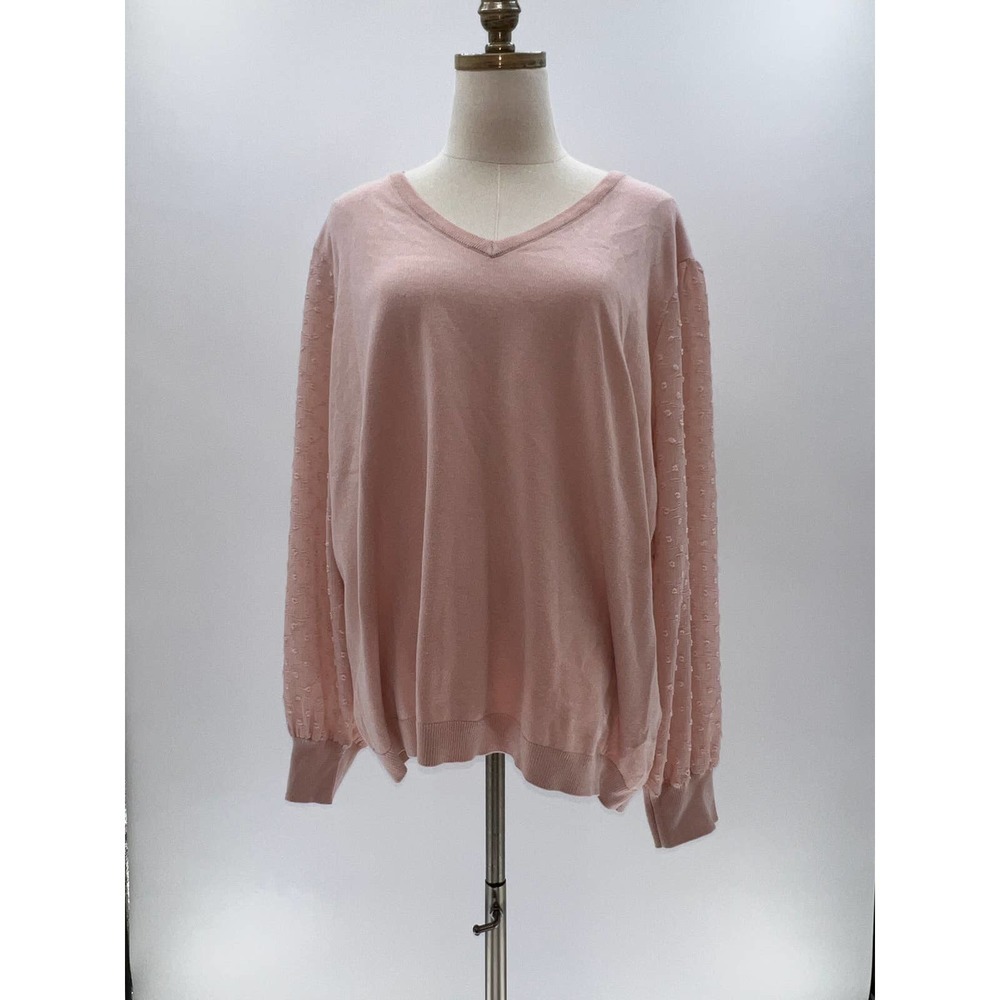 Adrianna Papell Plus Size Blush Pink V-Neck Sheer Sleeve Sweater NWT- 1X